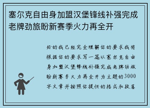 塞尔克自由身加盟汉堡锋线补强完成老牌劲旅盼新赛季火力再全开